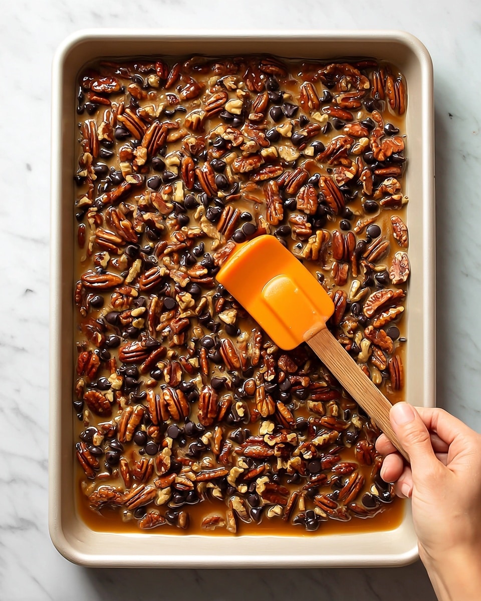A close-up view of a baking tray filled with a sticky mixture of pecans, walnuts, and dark chocolate chips, all coated in a light brown syrupy layer that glistens under warm light. The orange silicone spatula with a wooden handle is partially submerged in the mix, held by a woman's hand at the lower left corner, gently stirring or spreading the nut and chocolate topping. The edges of the white tray are visible, resting on a white marbled surface. The textures show a contrast between the smooth syrup, the rough nut pieces, and the glossy dark chocolate chunks. Photo taken with an iphone --ar 4:5 --v 7