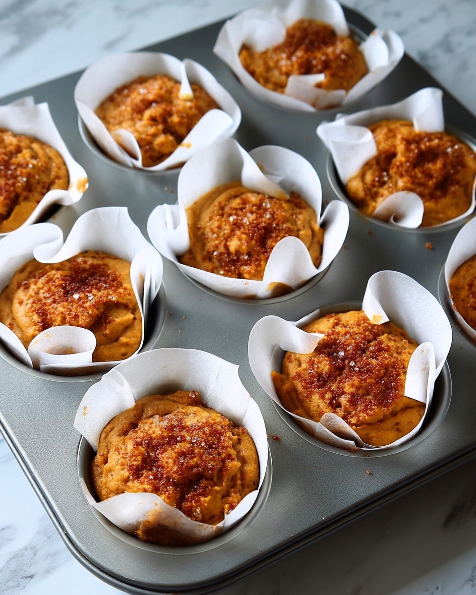 The image shows a metal muffin tray filled with twelve raw orange-brown batter portions, each sitting inside white paper liners that fold over the edges unevenly. Each batter portion is topped with a sprinkling of coarse, light brown sugar crystals giving texture and a shiny appearance. The muffin tray is placed on a white marbled surface. The lighting highlights the smooth, thick consistency of the batter and the grainy texture of the sugar topping. photo taken with an iphone --ar 4:5 --v 7