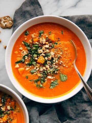 Spicy Peanut Soup with Sweet Potatoes and Kale Recipe