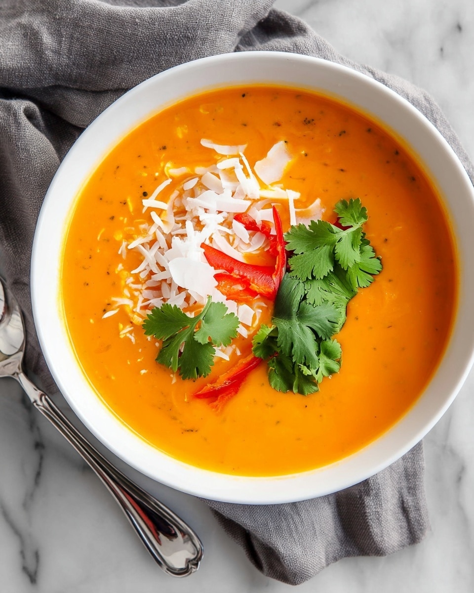 A bowl of creamy orange soup fills the white bowl, showing a smooth texture with small herbs spread throughout. On top, there are thin white coconut flakes stacked on the left side, next to thin slices of red chili peppers with a shiny surface. Bright green fresh cilantro leaves rest on the right side of the chili, creating a fresh contrast. The bowl sits on a white marbled texture surface. photo taken with an iphone --ar 4:5 --v 7