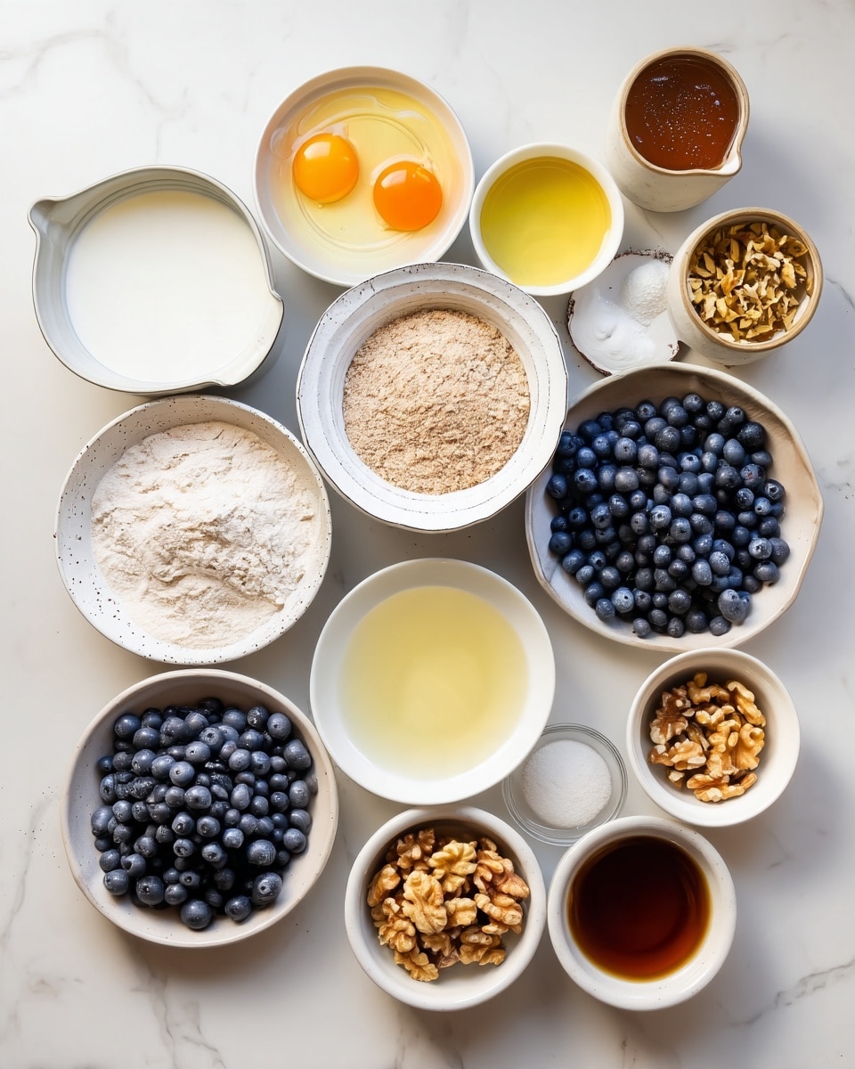 The image shows an arrangement of 11 small white bowls on a white marbled surface, each filled with different baking ingredients. Starting from the top left, there is a white bowl with milk, next to it a white bowl containing two bright yellow egg yolks with clear egg whites. Below these, a white bowl with flour, and next to it another white bowl filled with a light brown grainy powder. Right beside that, a large white bowl is overflowing with fresh dark blue blueberries. Above the flour, a smaller white bowl holds a white powdery ingredient, while centrally placed is a bowl of clear light yellow liquid. To the top right, several small bowls contain white granulated sugar, a light beige thick liquid, a dark brown syrup, a darker liquid, and some chopped light brown walnuts in a small bowl. All the bowls have a rustic matte finish, and the items are neatly organized with a clean and bright layout. Photo taken with an iphone --ar 4:5 --v 7