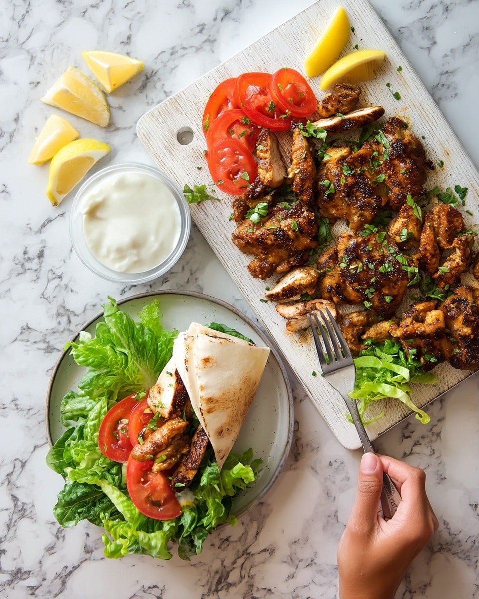 The image shows a meal with a white wooden board on a white marbled surface. On the board, there are multiple pieces of cooked, browned chicken with visible herbs on top. A woman's hand with a fork is lifting one piece of chicken. Next to the chicken, there are fresh tomato slices and green leafy lettuce. Below the board, there is a white plate lined with brown parchment paper, holding a wrap filled with grilled chicken, tomato slices, and lettuce, wrapped in a light, slightly toasted flatbread. On the white marbled surface around these, there are lemon wedges and a small transparent bowl with white sauce. The whole setting looks fresh and inviting. photo taken with an iphone --ar 4:5 --v 7