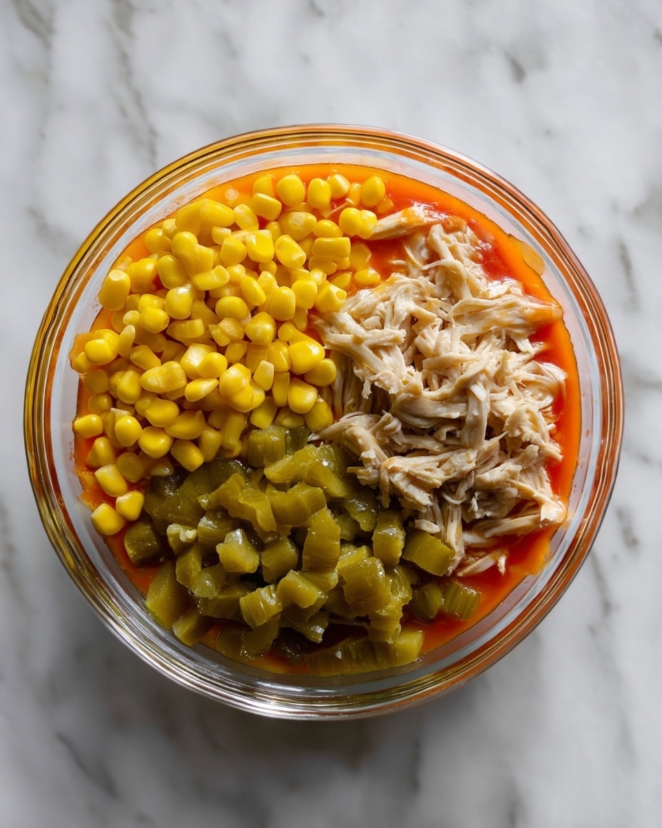 The image shows a clear glass bowl filled with three separate layers of food in a sauce, placed on a white marbled surface. One section contains bright yellow corn kernels, another section has chopped green pickles, and the third section holds small beige and brown pieces of chicken, all in an orange-red sauce. The layers are distinct and fill the bowl almost to the top. Photo taken with an iphone --ar 4:5 --v 7