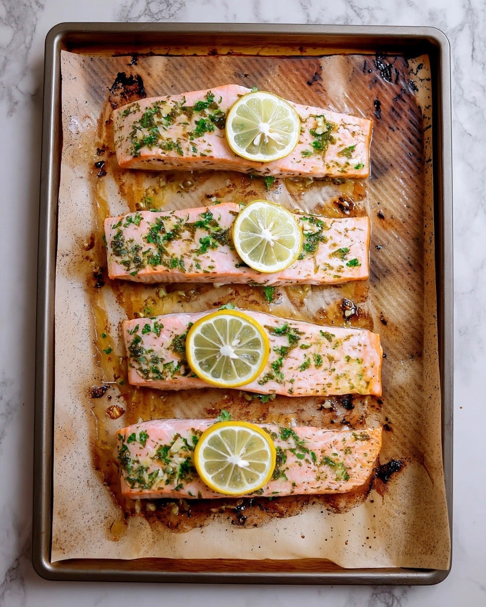 The image shows four cooked salmon fillets placed in a row on a baking tray with a brown baking paper beneath. Each salmon fillet is light pink with a slightly flaky texture and is topped with green herbs spread evenly. On top of each fillet, there is a thin, round slice of lemon with visible seeds. The baking tray has some browned oil and small bits of cooked herbs and garlic scattered around the fish. The background is a white marbled texture. photo taken with an iphone --ar 4:5 --v 7