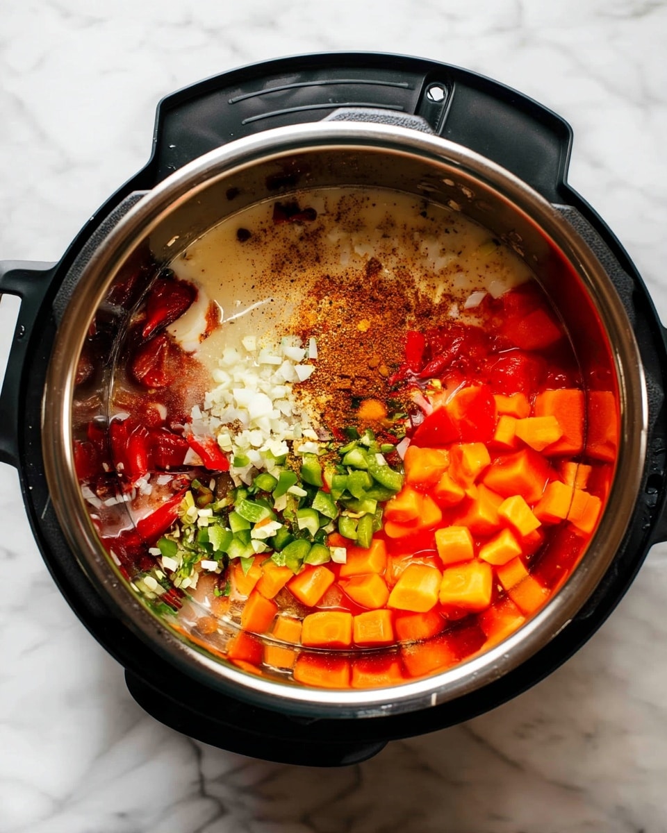 A close-up view inside a black pressure cooker shows several colorful layers of ingredients before cooking. The first layer has dark red tomato pieces on the left side mixed with some white cream. Next to this is a light beige layer of liquid. On top of the liquid, chopped green peppers and white onions are scattered in the middle. On the right, chunks of bright orange carrots rest in the liquid. At the top, there is a sprinkling of red-brown and white spices over all the ingredients. The pot sits on a white marbled surface. Photo taken with an iphone --ar 4:5 --v 7