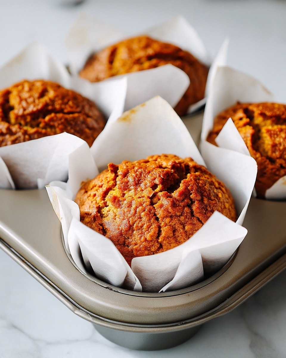 The image shows three golden-brown muffins, each wrapped in white parchment paper that gently folds around the edges, sitting inside a metallic muffin tray. The muffins have a textured, slightly cracked top with a rough surface that suggests they are soft and moist inside. The tray rests on a white marbled surface. The muffins appear warm and freshly baked, with rich brown color and a slightly darker crust on top. Photo taken with an iphone --ar 4:5 --v 7