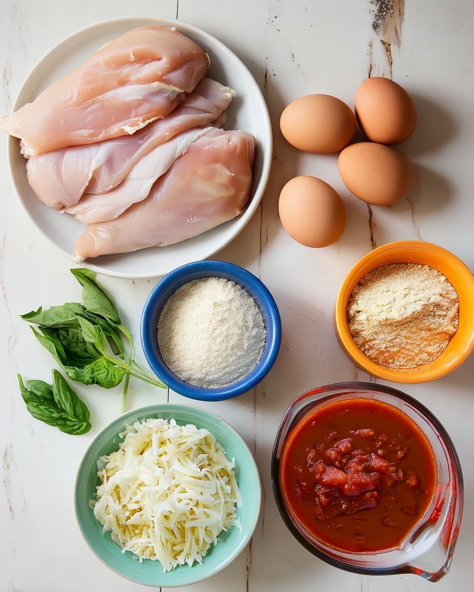 The image shows seven items arranged on a white marbled surface. On the left, there is a white plate with four large pieces of raw light pink chicken. Above the plate, there are three whole brown eggs placed side by side. To the right of the eggs, there is a small blue bowl filled with grated white cheese, followed by an orange bowl filled with light brown breadcrumbs. Below the orange bowl, there is a small teal bowl with white flour. To the right and slightly below the flour, a clear glass measuring cup holds thick red tomato sauce with visible chunks. At the bottom left of the image, fresh green basil leaves are displayed next to a white bowl filled with shredded white cheese. The composition is clean and neatly organized, showcasing ingredients for cooking. Photo taken with an iphone --ar 4:5 --v 7