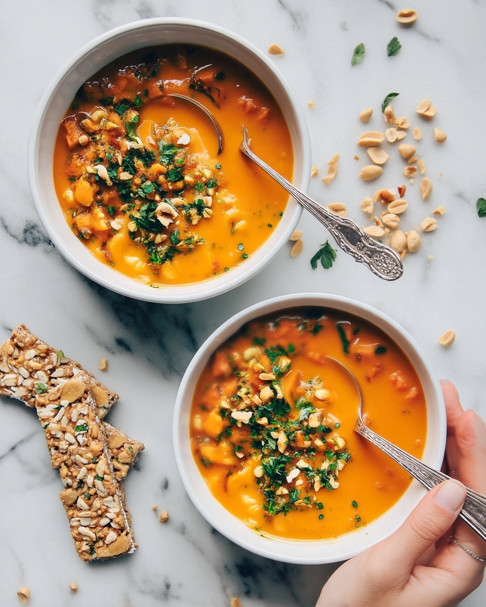 A white bowl filled with thick orange soup that has visible chunks of vegetables like orange squash and green herbs scattered on top. Crushed nuts are sprinkled over the surface, adding texture. A silver spoon is resting inside the bowl, slightly scooping some of the soup. The bowl sits on a dark gray cloth on a white marbled surface, and part of another bowl with similar soup is visible in the lower left corner. Photo taken with an iphone --ar 4:5 --v 7