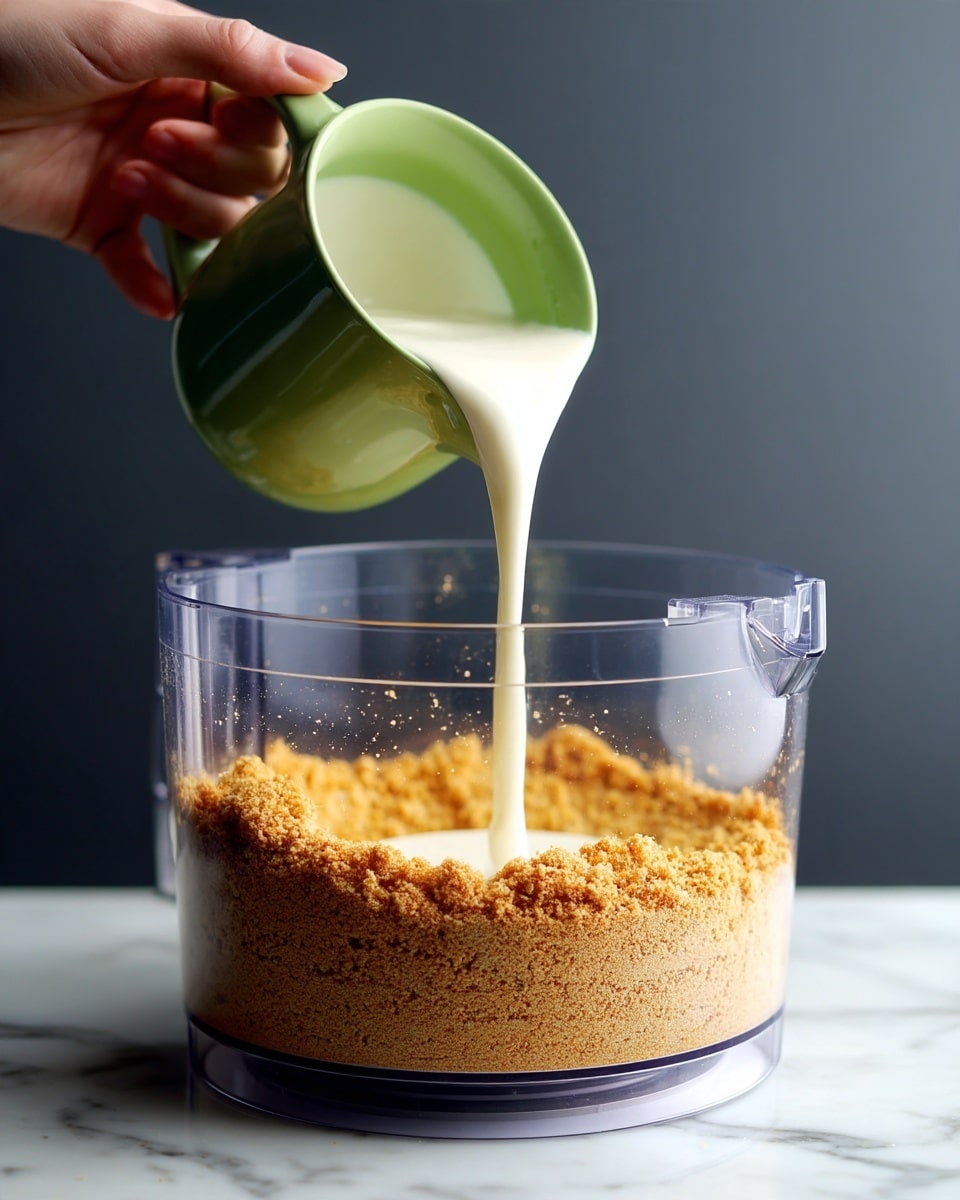 A close-up view of a clear food processor bowl filled with a thick layer of fine, golden-brown crumbs resting at the bottom, with a woman's hand pouring a smooth, light cream liquid from a small green pitcher into the bowl from the top right corner. The background is a smooth dark gray, and the food processor sits on a white marbled surface, showing the contrast between the textures and colors inside the bowl. Photo taken with an iphone --ar 4:5 --v 7