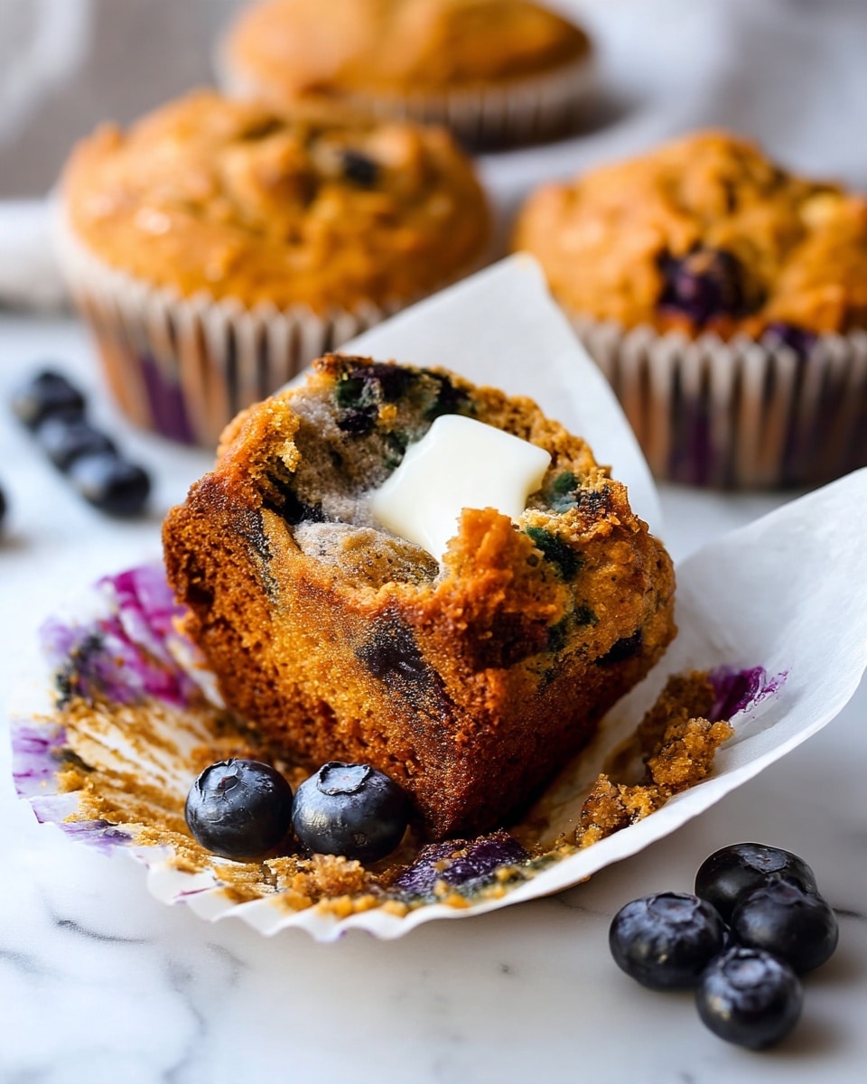 The image shows three golden-brown blueberry muffins with a rough, crumbly texture on the top layer. The front muffin has its white paper liner peeled back, revealing a moist, soft inside with visible dark blue blueberries scattered throughout. The muffins are placed on a light beige surface with a white marbled background. Some fresh blueberries are also scattered around the muffins, and a white bowl with more muffins is blurred in the background. Photo taken with an iphone --ar 4:5 --v 7