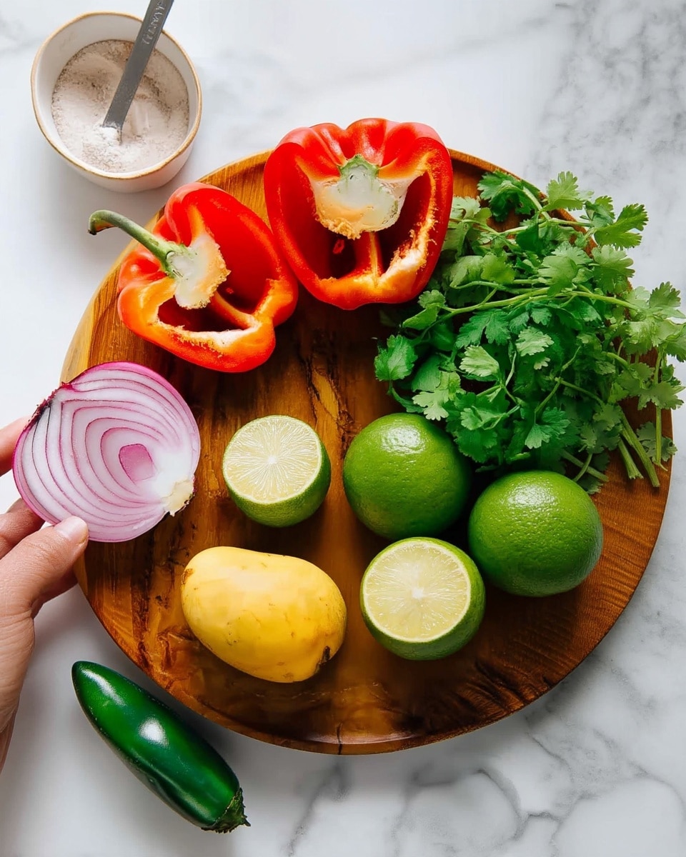 The image shows a round wooden board placed on a white marbled surface. On the board, there are two halves of a red bell pepper at the top, showing their white inner parts and seeds, with bright red smooth skin. Below the peppers, there are two halves of a green lime with a juicy, pale green interior. To the right side of the limes, there is a bunch of fresh green cilantro with leafy texture. In the center and bottom part of the board are three yellow mangoes: two whole and smooth, one of them is cut in half showing its vibrant yellow inside. Around the board on the white marbled surface, there is a halved red onion with light purple layers, a green jalapeño pepper with smooth skin, and a small white bowl with a spoon and light brown powder inside. A woman’s hand is partly visible holding the onion half. Photo taken with an iphone --ar 4:5 --v 7
