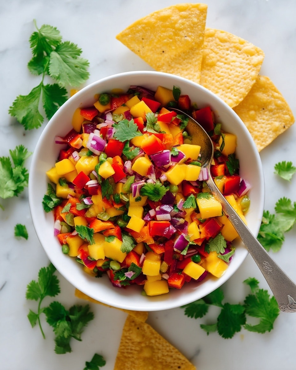 A white bowl full of a colorful salsa with three layers: the bottom layer is bright yellow diced mango pieces, the middle layer has small chopped red bell pepper cubes, and the top layer contains finely chopped purple onion and green cilantro leaves scattered on top. A silver spoon lies inside the bowl, leaning on the right side. Around the bowl, there are several triangular yellow tortilla chips placed on a white marbled surface, along with some scattered green cilantro leaves. Photo taken with an iphone --ar 4:5 --v 7