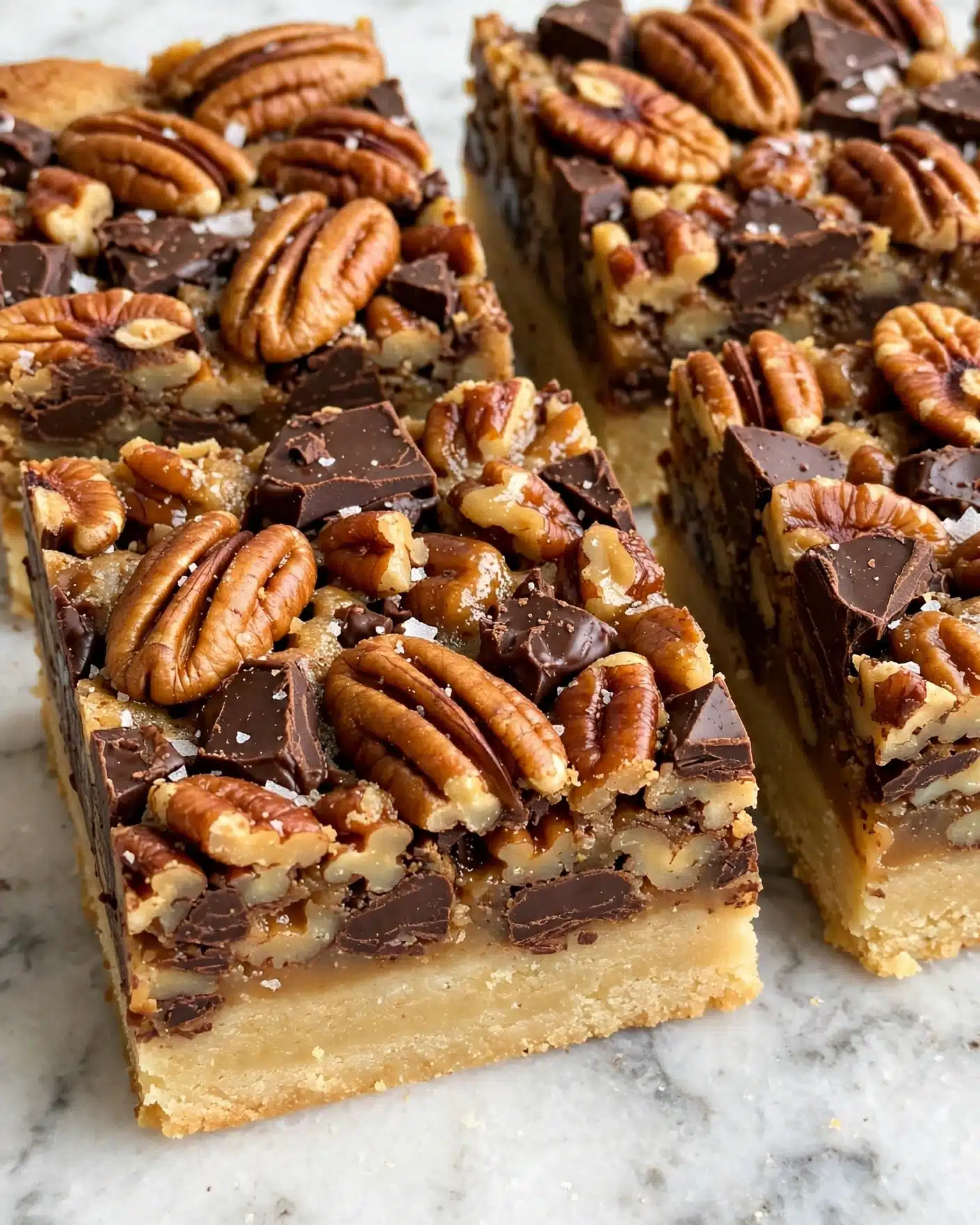 Chocolate Pecan Pie Bars with Crunchy Pecans Recipe 5 The image shows several square bars with two main layers. The bottom layer is a thick, light golden crust with a smooth texture. The top layer is chunky and textured, packed with caramel-colored pecan nuts and dark brown chocolate pieces all mixed together. There are also small white salty flakes sprinkled on top of the pecans and chocolate. The bars are arranged closely on a white marbled surface, and the photo is taken up close showing the detail of each nut and chocolate piece photo taken with an iphone --ar 4:5 --v 7