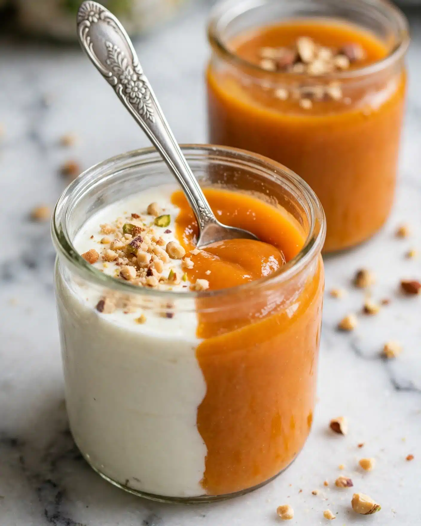 The image shows a close-up of a glass jar filled with two layers of creamy textures side by side: one side is smooth white yogurt topped with small crushed nut pieces, and the other side is a thick orange sauce with a slightly glossy finish. A silver spoon with a floral pattern is placed inside the jar, resting on the orange layer. In the background, another jar with the same orange sauce and a few nut pieces lie on a white marbled surface. The colors contrast nicely with the clear glass and the shiny spoon photo taken with an iphone --ar 4:5 --v 7