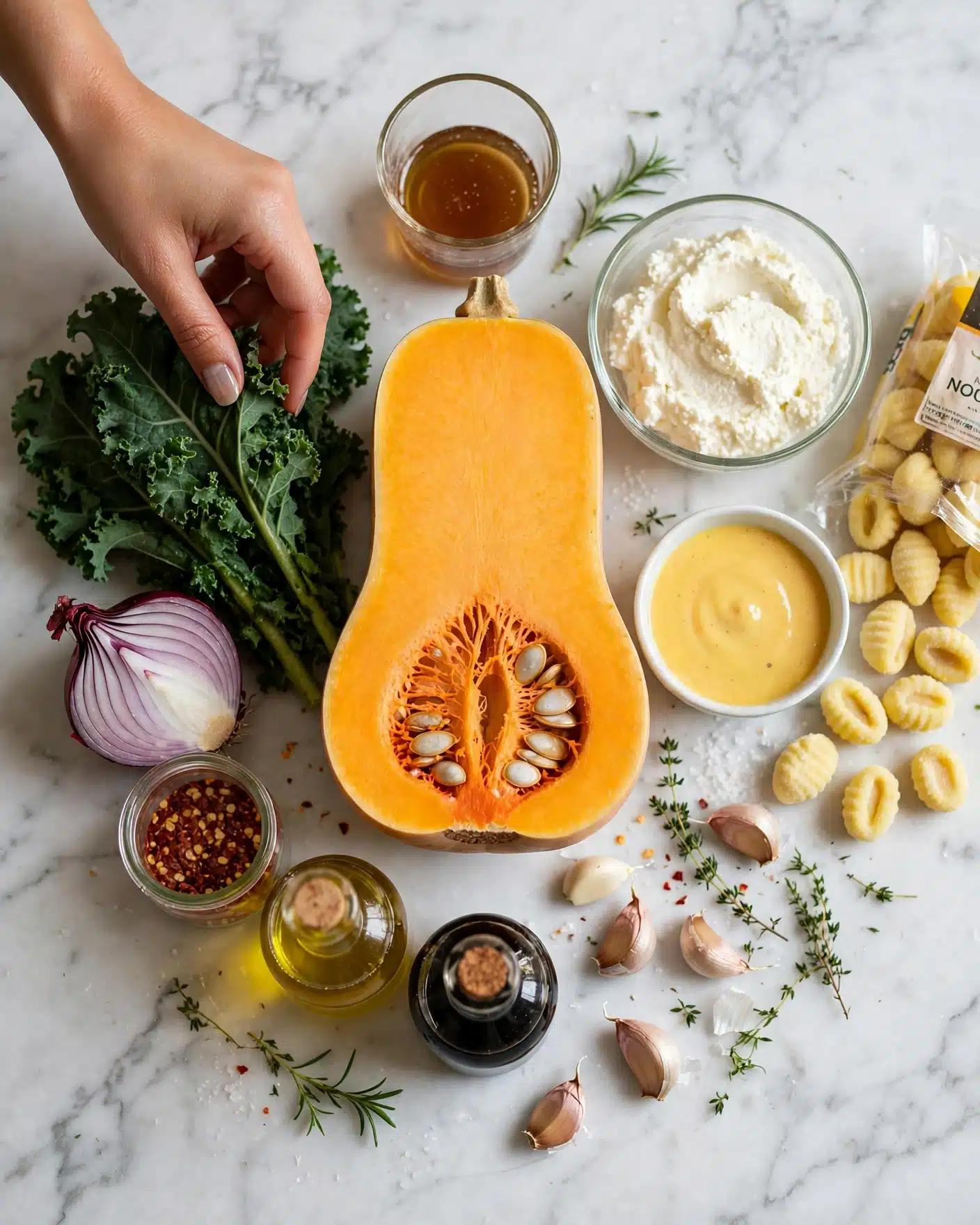 Butternut Squash Gnocchi with Crispy Sage, Kale, and Ricotta Recipe 4 The image shows various raw ingredients arranged on a white marbled surface. At the center is a halved butternut squash with orange flesh and seeds visible in the hollow. To its left, there is a bunch of dark green kale leaves, a half red onion with purple and white layers, a small glass container of red chili flakes, and two small glass bottles with golden and dark liquids. Above the squash, there is a small clear container with a light brown liquid. To the right side, there is a clear bowl filled with creamy white cheese or ricotta, and next to it, a package of yellow gnocchi spilling out some pieces. In front of the gnocchi, there is a small white bowl with a smooth yellow sauce and some garlic cloves and fresh herbs scattered between the items. A woman's hand reaches in from the top left corner, touching the kale. Photo taken with an iphone --ar 4:5 --v 7
