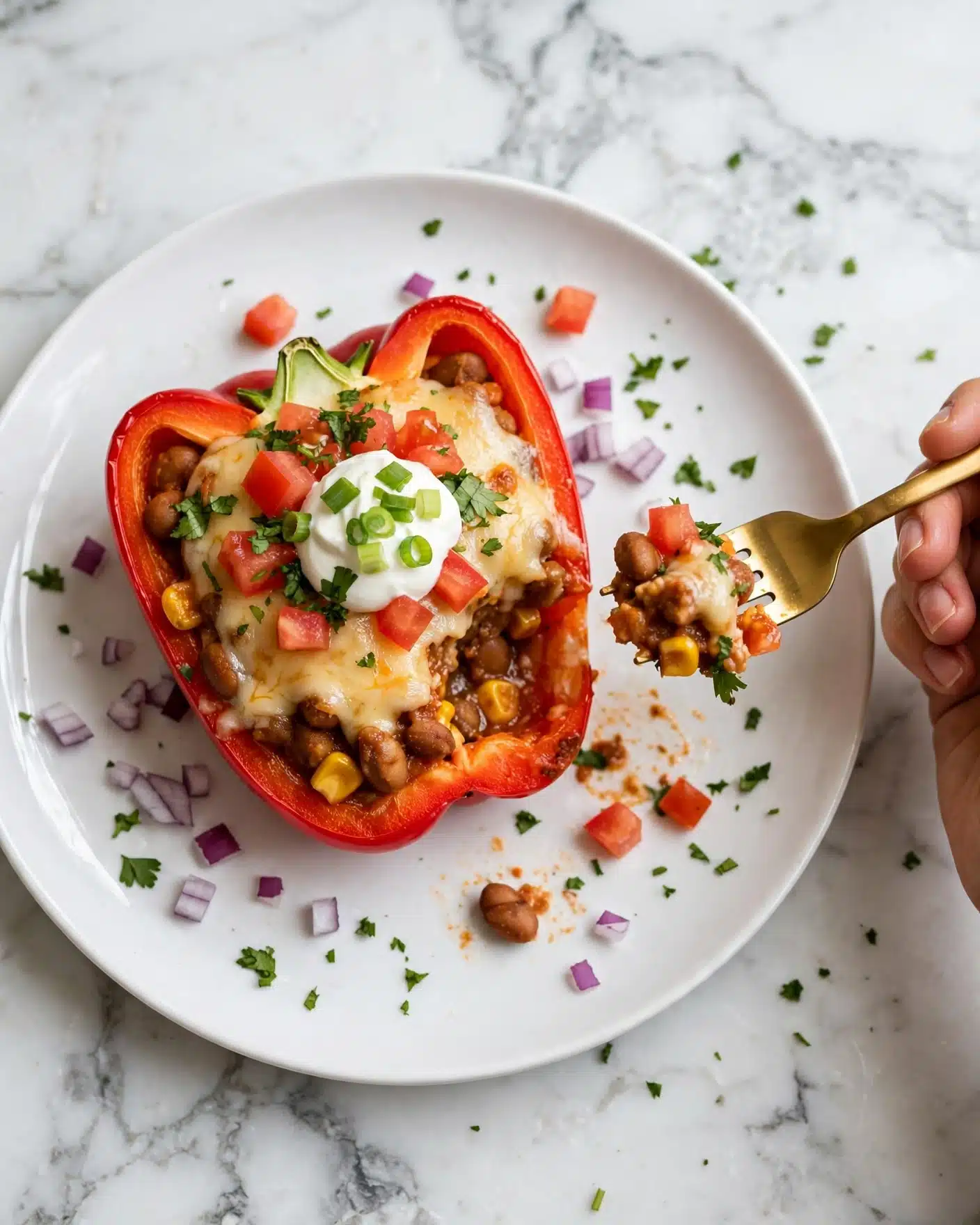 A white plate on a white marbled surface holds a red bell pepper sliced in half vertically, filled with layered ingredients. The bottom layer inside the pepper is a mix of brown beans and yellow corn in sauce, topped with melted cheese that covers the filling. Fresh diced red tomatoes and chopped green herbs are sprinkled on top. A dollop of white sour cream with chopped green onions sits near the center. Scattered finely chopped purple onions and more chopped green herbs surround the pepper on the plate. A gold fork with a woman's hand holds a piece of the filling on the side. Photo taken with an iphone --ar 4:5 --v 7