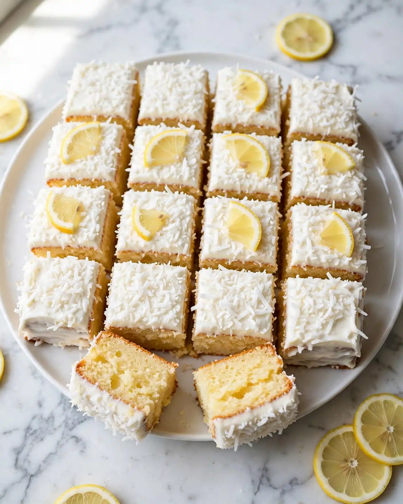 A white plate holds a grid of sixteen square pieces of lemon cake, each topped with a thick white layer of frosting covered in fine shredded coconut. The cake is pale yellow inside, showing a soft, moist texture. Two pieces are placed at the front of the plate on their sides, revealing the inside texture and the thick white coating on top. A few thin lemon slices are scattered on top of some squares and around the plate. The plate is set on a white marbled surface. photo taken with an iphone --ar 4:5 --v 7