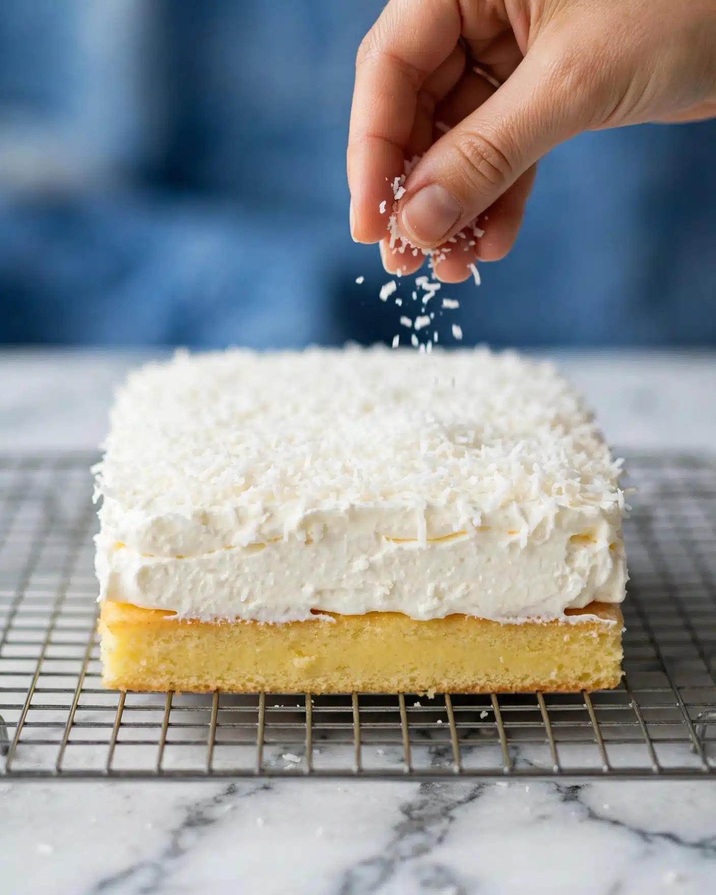 This image shows a close-up of a square layered cake on a metal cooling rack with a white marbled surface below. The cake has a golden yellow base layer with a smooth texture. On top of the base is a thick white cream layer that looks soft and fluffy. Above the cream, the cake is covered with a thick layer of fine white coconut flakes. A woman's hand is gently sprinkling more white coconut flakes over the top, adding texture and detail. The background is blurred with a blue color that contrasts softly with the cake. Photo taken with an iphone --ar 4:5 --v 7