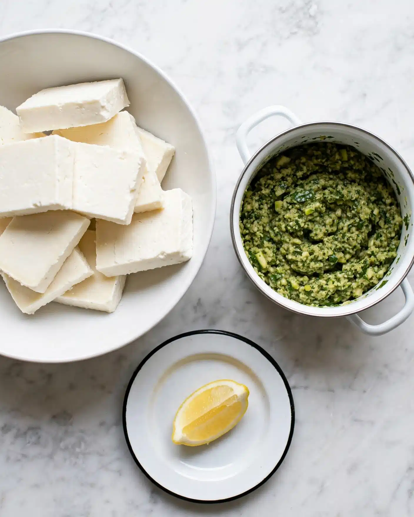 The image shows three white dishes on a white marbled surface. On the left, there is a large white bowl filled with thick, rectangular pieces of white cheese, stacked unevenly. To the right, there is a white pot with handles, containing a greenish mixture of finely chopped herbs or vegetables with a coarse texture. Below these two, there is a small white plate with a black rim holding one wedge of bright yellow lemon. Photo taken with an iphone --ar 4:5 --v 7