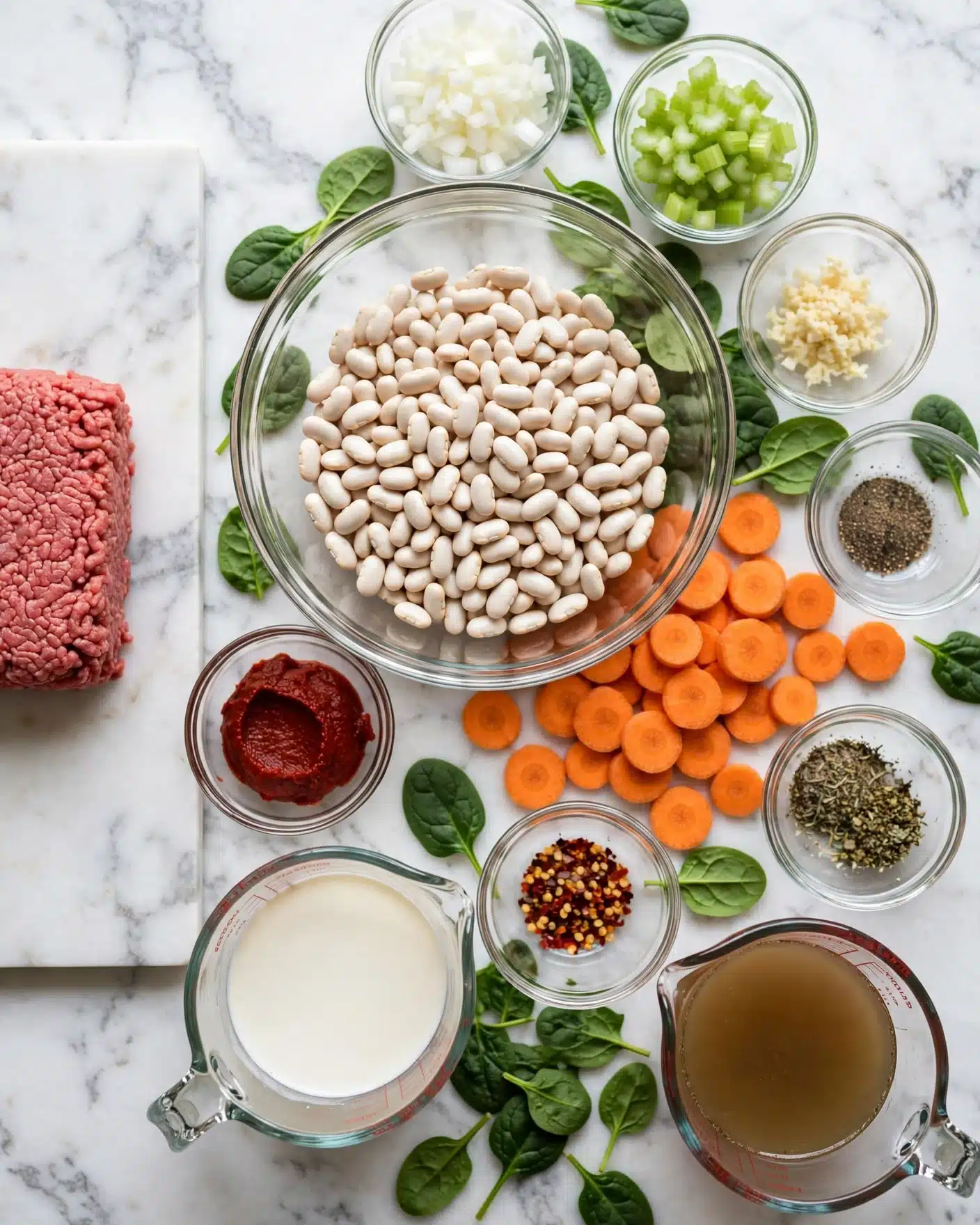 A top view of many small clear glass bowls on a white marbled surface, each holding different ingredients arranged neatly. In the center, a large bowl holds white beans, surrounded by layers of round orange carrot slices placed flat on the surface. Around the beans and carrots are several smaller bowls with diced onions, diced celery, minced garlic, ground pepper, dried herbs, red pepper flakes, and a deep red paste. There is also a clear glass measuring cup with a creamy white liquid and another with a light brown broth. Fresh green spinach leaves are scattered under and around the bowls. On the left side, a block of raw ground meat sits directly on the white marbled surface. Photo taken with an iphone --ar 4:5 --v 7