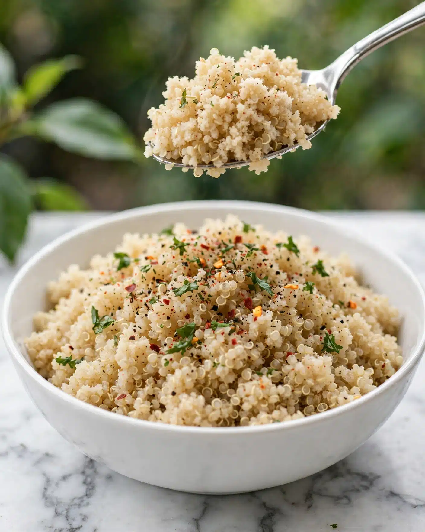 5-Ingredient Garlic Butter Quinoa Recipe 5 A white bowl filled with a soft, fluffy layer of cooked quinoa grains that are light beige in color. The top of the quinoa is sprinkled with small green herb pieces and a light dusting of red and black spices, adding a colorful, textured look. A silver spoon holds a scoop of quinoa lifted above the bowl, showing the grain's small, round shape and slightly fuzzy texture. The bowl sits on a white marbled surface with blurred green leaves in the background. photo taken with an iphone --ar 4:5 --v 7