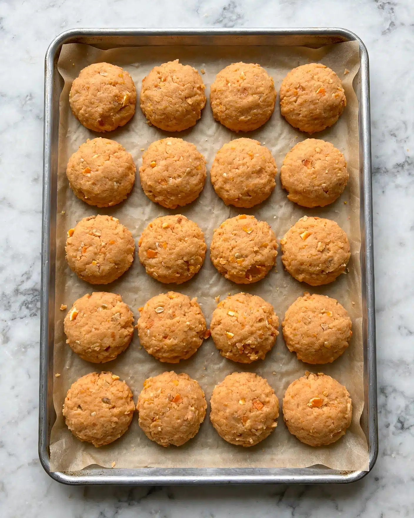 Oven Baked Chicken Nuggets Without Breadcrumbs Recipe 4 A rectangular metal baking tray holds 24 small, round, flattened orange dough pieces arranged in a grid of four rows and six columns on a layer of baking paper. Each dough piece is textured with rough, crumbly surfaces and slightly uneven edges, with small bits inside them. The tray sits on a white marbled surface, and the dough pieces have a soft, thick look, spaced evenly across the sheet. Photo taken with an iphone --ar 4:5 --v 7