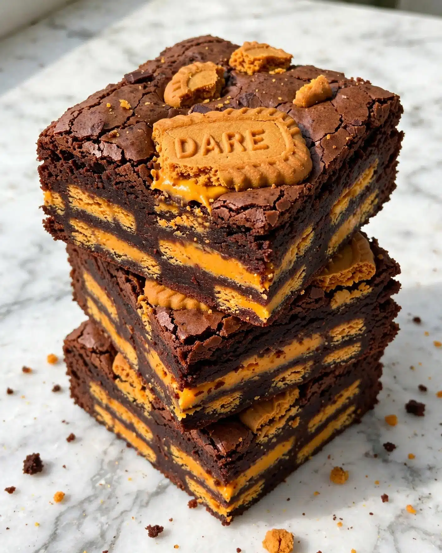 Oreo Stuffed Fudgy Brownies Recipe 5 The image shows brownies with two layers on a white marbled surface. The bottom layer is dark brown and dense, while the middle layer is bright orange and smooth, visible clearly in the cut sections. The top layer is another dark brown brownie layer with a slightly cracked surface. On top of the brownies, there are pieces of black and orange sandwich cookies breaking up the texture with their rough edges and detailed cookie patterns. The close-up show the moist and rich texture of the brownies with scattered crumbs around. photo taken with an iphone --ar 4:5 --v 7