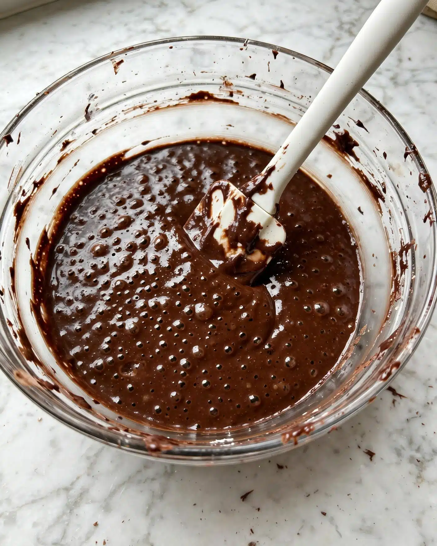 Oreo Stuffed Fudgy Brownies Recipe 4 A transparent glass bowl sits on a white marbled surface filled with a thick, shiny dark brown chocolate batter with small bubbles on the surface. Inside the bowl, a white spatula is partially dipped in the batter, resting diagonally, with some batter clinging to its blade. The edges of the bowl show slight traces of batter residue, adding texture to the scene. Photo taken with an iphone --ar 4:5 --v 7