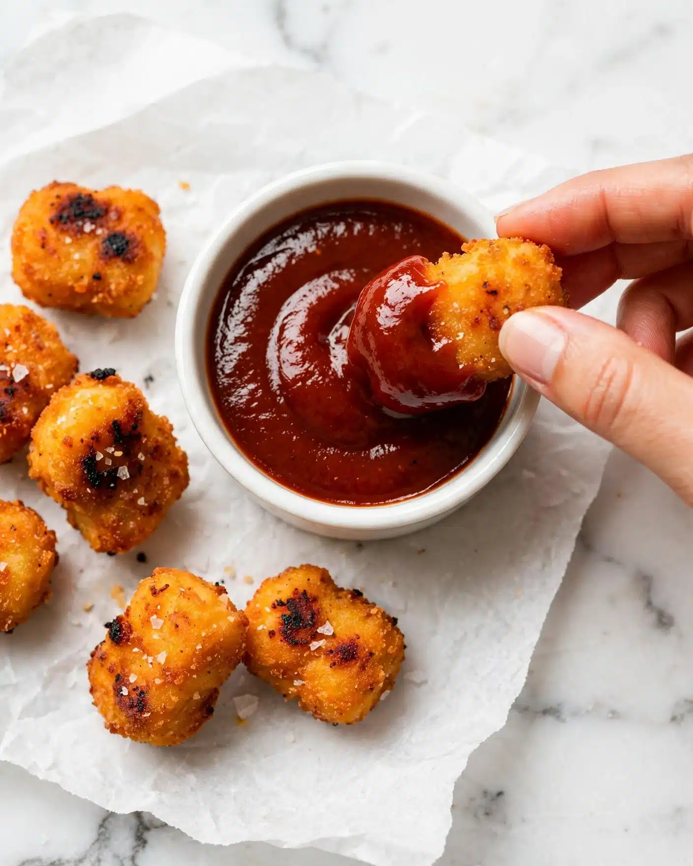 Oven Baked Chicken Nuggets Without Breadcrumbs Recipe 5 Several small, golden-orange nuggets with charred dark brown spots on top are placed on white paper over a white marbled surface. A round white cup filled with thick, shiny red sauce sits in the center. A woman's hand is holding one nugget halfway dipped into the sauce, showing the sauce covering the lower part of the nugget. The nuggets have a crispy, slightly rough texture and are sprinkled with coarse salt. The bright, warm colors of the nuggets contrast with the deep red sauce and the white background. Photo taken with an iphone --ar 4:5 --v 7