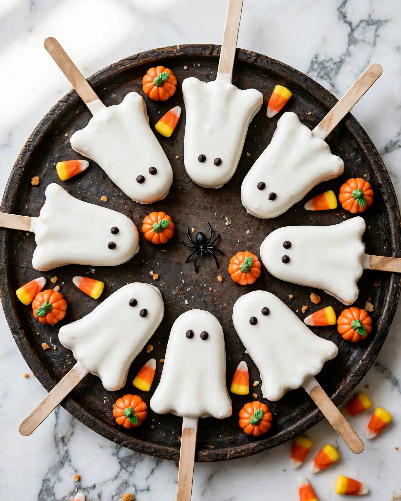 Chocolate Peanut Butter Banana Ghost Pops Recipe 5 There are six small ghost-shaped treats on sticks, each covered with smooth white coating, with two small dark chocolate dots near the top for eyes. The treats stand inside a black cup that has a cute white ghost with orange cheeks and a small orange heart on its front. The cup sits on a wooden board, scattered with candy corn and small pumpkin-shaped candies. Behind the cup, there is a small orange pumpkin to the right and a wooden cutting board is leaning against a dark grey wall with a white marbled surface below. Photo taken with an iphone --ar 4:5 --v 7